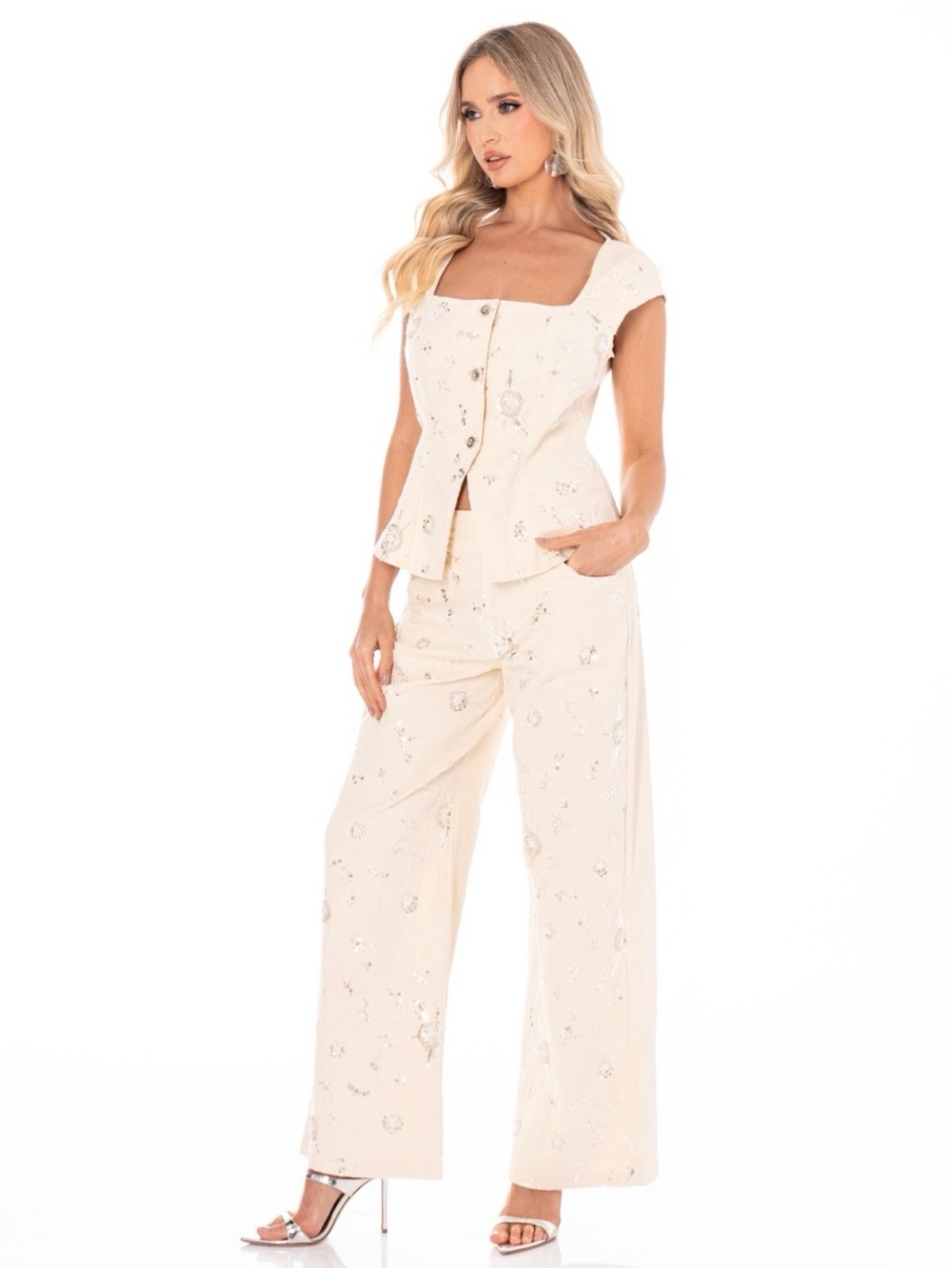 Chic Beige Embellished Two-Piece Set | Structured Top & Wide-Leg Pants